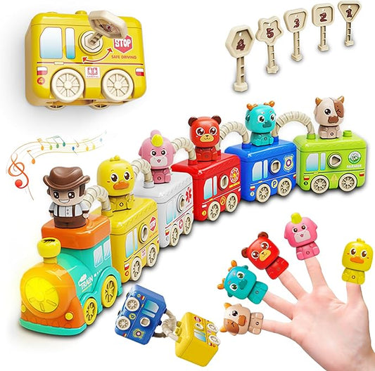 Toddler Learning Toys for 2 3 4 Year Old - Counting Matching & Sorting Activity Montessori Train Set with Vehicle Transportation,Farm Animals, Keys to Lock and Unlock Carriage，Christmas Birthday Gift