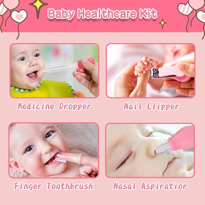 Baby Healthcare and Grooming Kit, Baby Safety Set Newborn Nursery Health Care Set with Hair Brush Scale Measuring Spoon Nail Clippers (Pink 17 in 1)