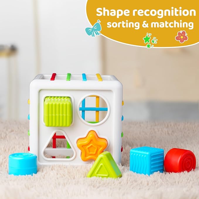 LiKee Shape Sorter Toys for 1+ Years Old, 8pcs Montessori Baby Blocks, Sensory Toddler Learning Toy for Fine Motor Skills, Infant Developmental Toys Gift for Boys Girls Ages 18+ Months