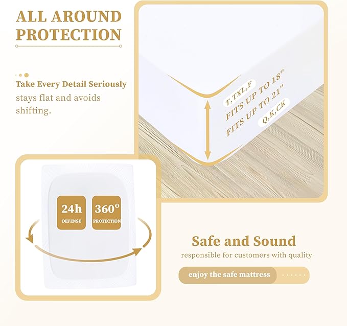 Safe and Sound Waterproof Mattress Protector, 2 Pack Queen Size Premium Mattress Cover, Noiseless Breathable Soft, Fitted Deep Pocket 8-21 Inch Bed Cover, Machine Washable