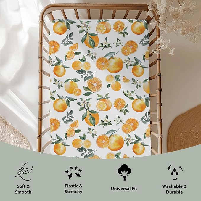 Watercolor Oranges Baby Crib Sheets for Boy Girl 52x28Inch Orange Flowers Leaves Soft Snug Fitted Crib Mattress Cover Summer Citrus Fruits Baby Sheet for Standard Crib & Toddler Bed Mattresses
