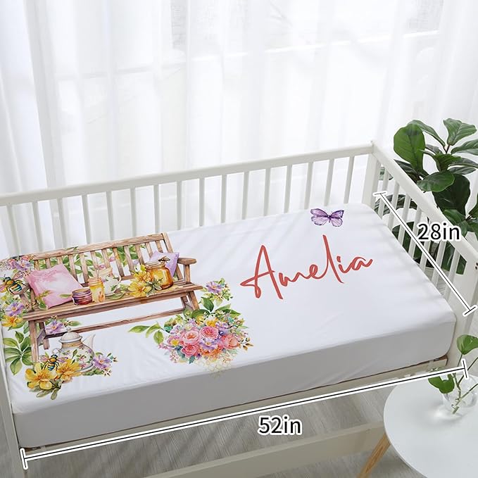 Custom Baby Crib Bedding Set, Personalized Name Colorful Bee Design Crib Set 3 Pcs, Soft Double Layer Blanket, Crib Sheet & Room Rug, Ideal Nursery Decor Gift for Baby Girls Boys