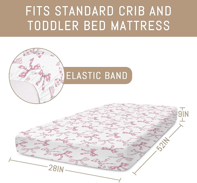Pink Dot Bows Baby Crib Sheets for Girls Sweet Girly Bows Soft Stretchy Fitted Crib Mattress Covers for 52''x28'' Standard Crib & Toddler Bed Mattress Cute Pastel Ribbon Valentine Baby Sheets