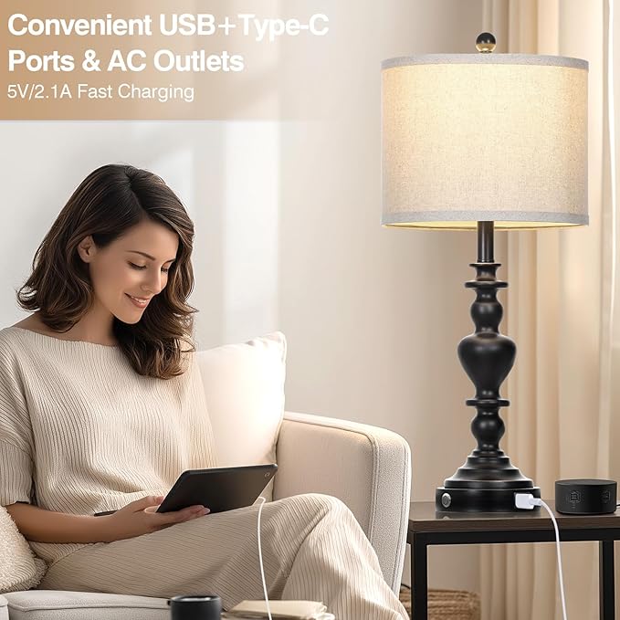 luxeflow Farmhouse Table Lamps Set of 2, 27" Black Vintage Bedside Lamps with USB A+C Charging Ports, 3-Way Dimmable Touch Control Rustic Nightstand Lamp for Living Room Office(Bulbs Included)