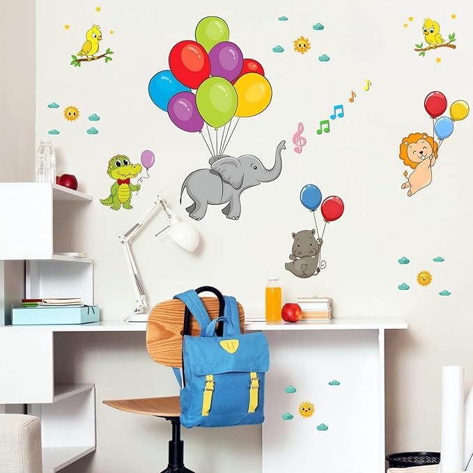 Eutecado Forest Animals Balloon Wall Decals Colorful Kids Wall Stickers, Lovely Elephant Hippo Lion Crocodile Wall Stickers Sun Clouds Art Decals for Nursery Classroom Playroom Cute Room Decor