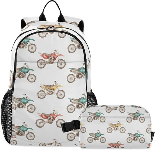 Jucciaco Watercolor Motorbikes Motorcycle Backpack with Lunch Bag, School Travel Backpack for Teens Boys Girls Kids Backpacks Set