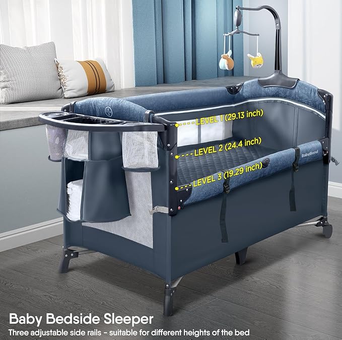BabyBond Baby Bassinet Bedside Crib, Pack and Play with Sheet, Diaper Changing Table and Music Mobile from Newborn to Toddles, Portable Large Playard
