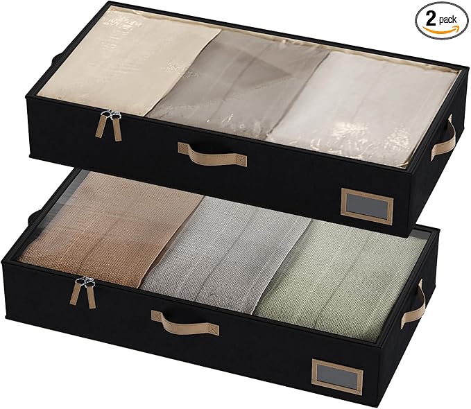 COYACOOL Under Bed Storage, Under Bed Storage Containers Bins for Clothes, Large Linen Underbed Closet Organization Bins, 2 Pack Collapsible Underbed Bin Dorm for Clothes, Sweater, Black