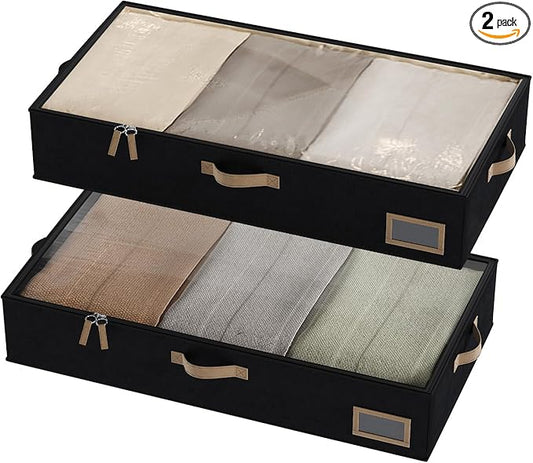 COYACOOL Under Bed Storage, Under Bed Storage Containers Bins for Clothes, Large Linen Underbed Closet Organization Bins, 2 Pack Collapsible Underbed Bin Dorm for Clothes, Sweater, Black