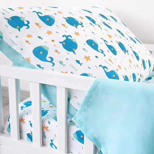 Biloban 3-Piece Toddler Sheet Set Microfiber, Toddler Bedding Set Includes Crib Mattress Sheet, Flat Sheet and Envelope Pillowcase, Silky Soft, Breathable and Lightweight, Whale