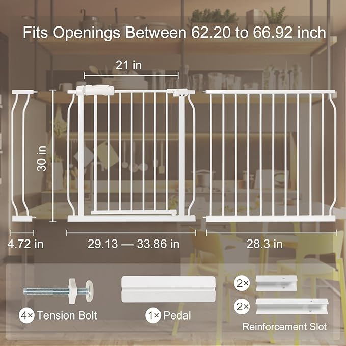 Extra Wide Baby Gate with Door Pressure Mounted 57.48-66.92 Inch,Child Baby Gates for Doorways No Drilling,Walk Through Dog Gate Indoor for The House Kitchen Stairs,White