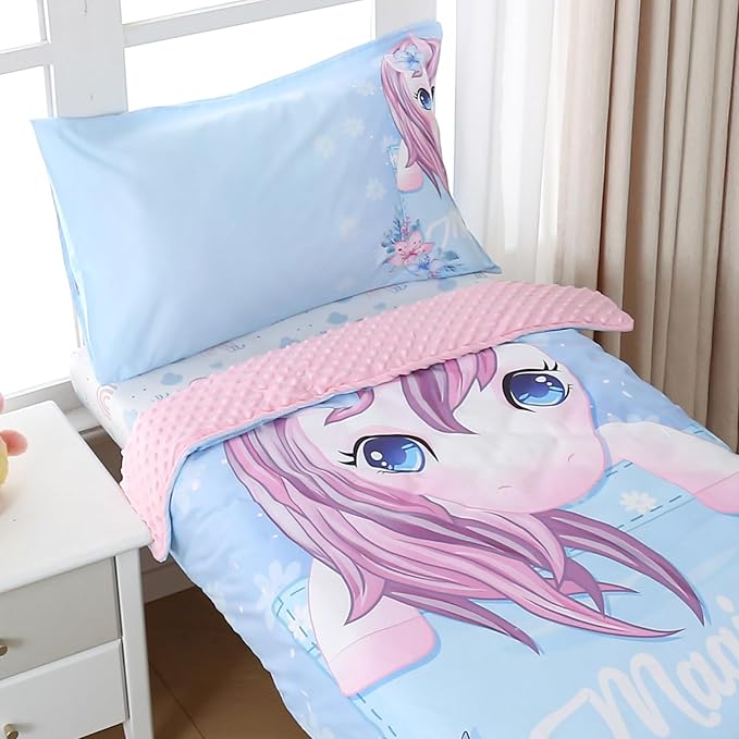 4 Piece Toddler Bedding Set for Girls,Soft Crib Bed Sheets Set in a Bag Including Comforter, Flat Sheet, Fitted Sheet and Pillowcase(Unicorn)