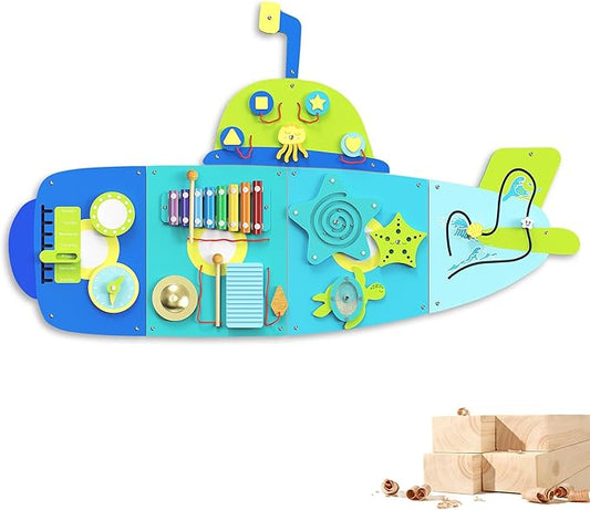 BlueWood Wooden Wall Busy Board Panels, Toddler Learning Activity Center, Montessori Philosophy Sensory, Educational Toys, Conducive to All-Round Development - Submarine