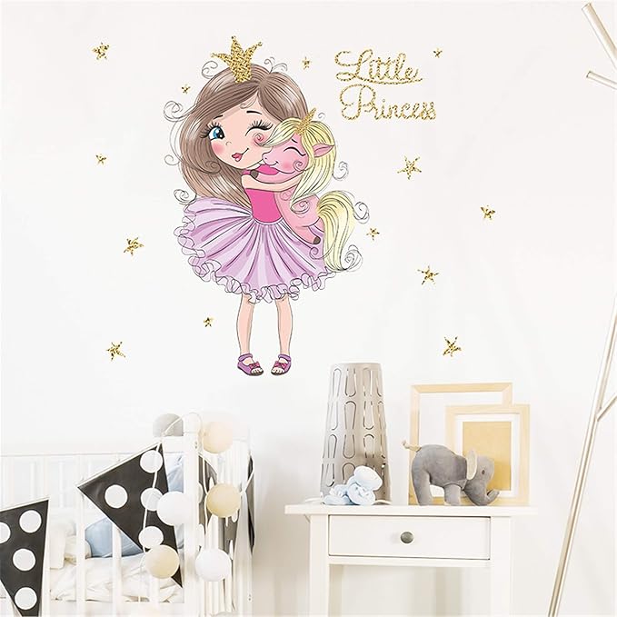 ROFARSO Colorful Cute Lovely Little Princess Hugging Baby Unicorn Wall Stickers for Kids Peel and Stick Removable Wall Decals DIY Decorations Decor for Nursery Baby Girls Bedroom Playroom Living Room