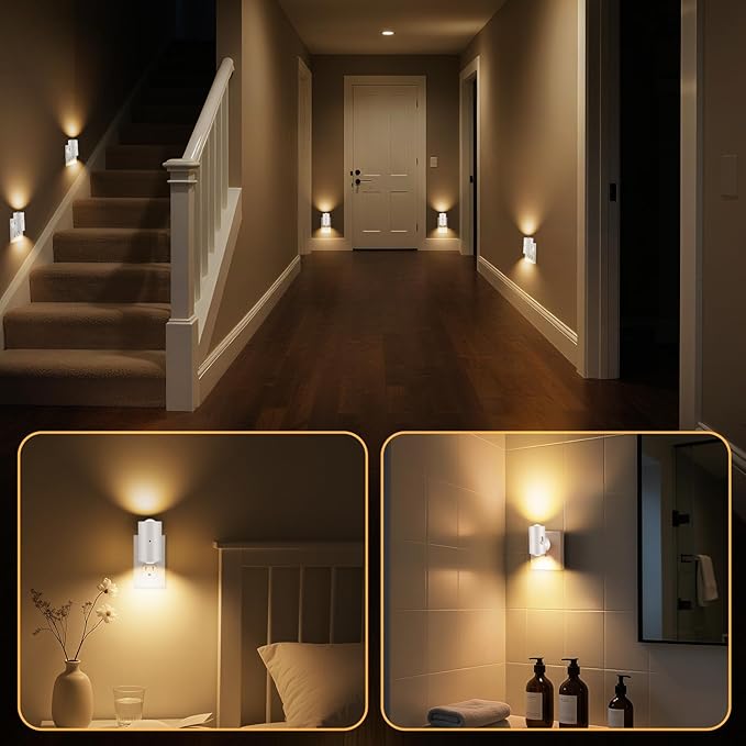BMXKPO Dimmable LED Night Lights Plug into Wall, Rotatable Plug-in Night Light, Dusk to Dawn Sensor, Adjustable Brightness 0-200Lm,3000K Soft White,for Bedroom, Hallway, Stairway, 4 Pack