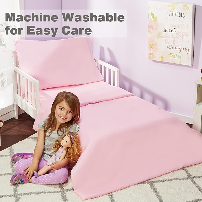 EVERYDAY KIDS 4 Piece Toddler Bedding Set - Includes Comforter, Flat Sheet, Fitted Sheet and Reversible Pillowcase - Solid Pink