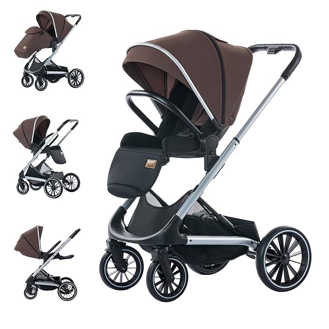 Compact Stroller,Convertible Stroller with Reversible Seat, Foldable Buggy with Oversized Wheels Luxury Baby Carriage Suit Toddler Infant,Gray (Brown)