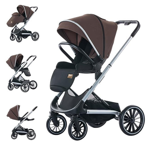 Compact Stroller,Convertible Stroller with Reversible Seat, Foldable Buggy with Oversized Wheels Luxury Baby Carriage Suit Toddler Infant,Gray (Brown)