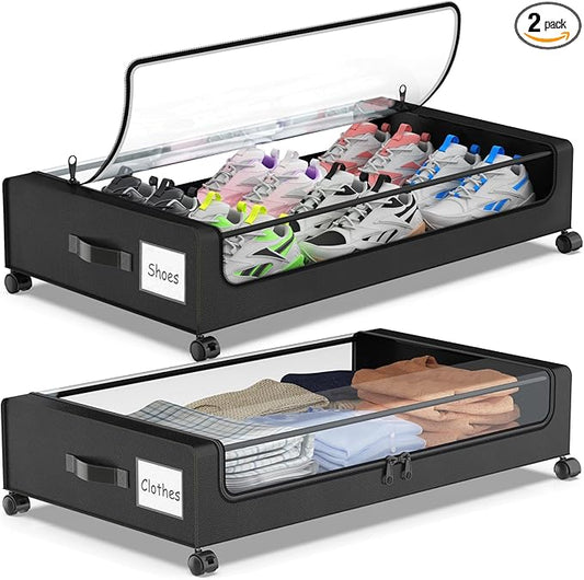 Molutsody Under Bed Storage with Wheels, 2-Pack Underbed Storage Containers with Clear Lids, Under Bed Shoe Storage Organizer, Rolling Under the Bed Storage Bins for Clothes Shoes Blankets (Black)