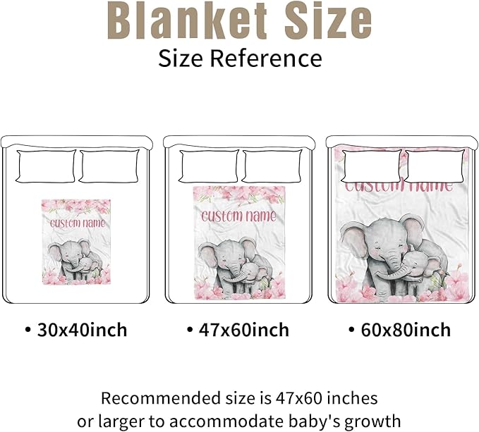 Personalized Crib Bedding Set for Boys Girls, Custom Baby Crib Sets with Name, Pink Flower Elephant Design Nursery Bedding 2 Piece - Soft Blanket with Double Layer Dotted Backing, Crib Fitted Sheet