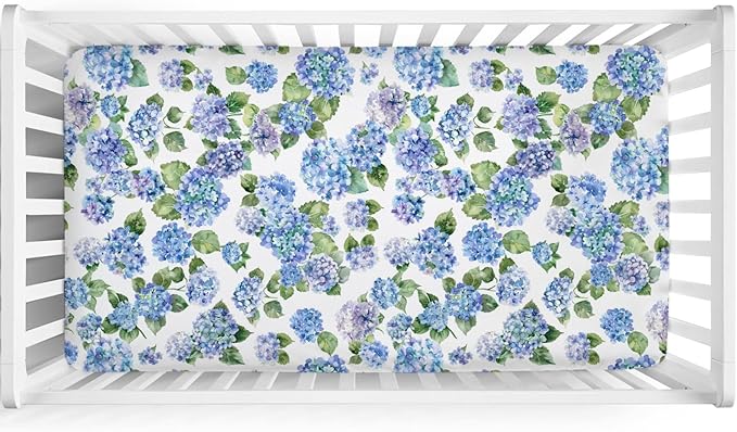 Blue Hydrangea Floral Baby Crib Sheets 52''x28'' Watercolor Flowers Painting Snug Fitted Crib Mattress Cover for Boy Girl Wild Floral Soft Nursery Bed Sheets for Standard Crib and Toddler Mattress