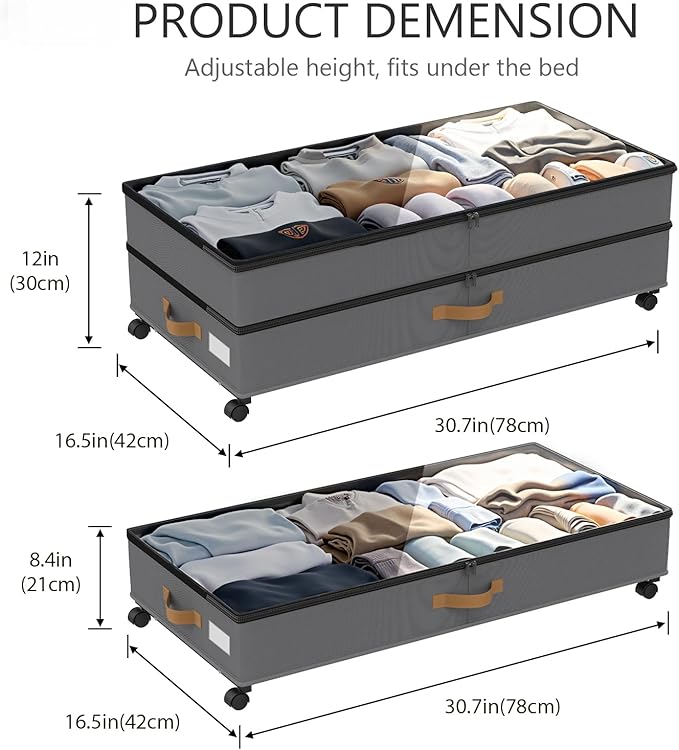 GOVEYONY Under Bed Storage with Wheels 2-Pack, 75L XXL Under the Bed Storage Containers Large, 12" Tall Adjustable Storage for Underbed with Lids, Rolling for Clothes, Shoes, Blankets (Grey)