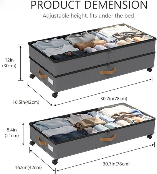 GOVEYONY Under Bed Storage with Wheels 2-Pack, 75L XXL Under the Bed Storage Containers Large, 12" Tall Adjustable Storage for Underbed with Lids, Rolling for Clothes, Shoes, Blankets (Grey)