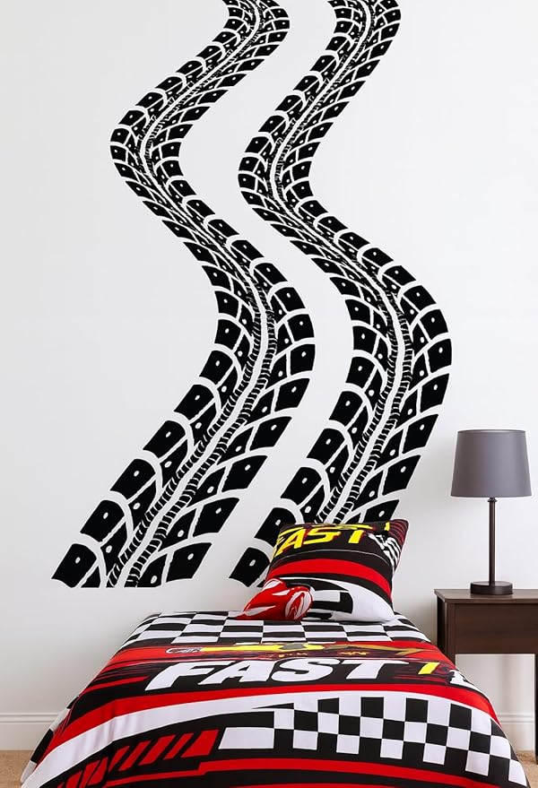 Tire Tracks Wall Decal for Kids Room – Racing Tire Mark Wall Sticker – Car Theme Bedroom, Nursery & Playroom Decor – Race Track Wall Art for Children & Boys Rooms