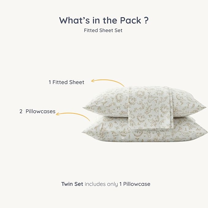 MakeMake Organics Organic Twin Fitted Sheet Set GOTS Certified Organic Cotton Fitted Sheet with 1 Pillowcase Ultra Soft Non Toxic Breathable Hypoallergenic (40"X76", Dino Dreams)