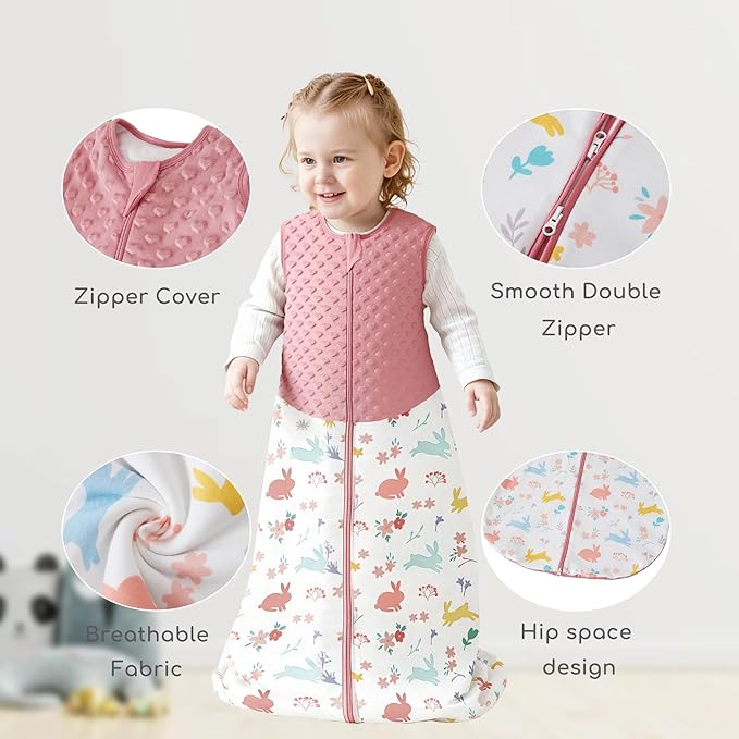 Baby Sleep Sack 18-24 Months 1.5 TOG, 100% Cotton Baby Wearable Blanket with 2-Way Zipper, Infant Toddler Sleeping Sack for Newborn Boys and Girls, Apricot+Pink