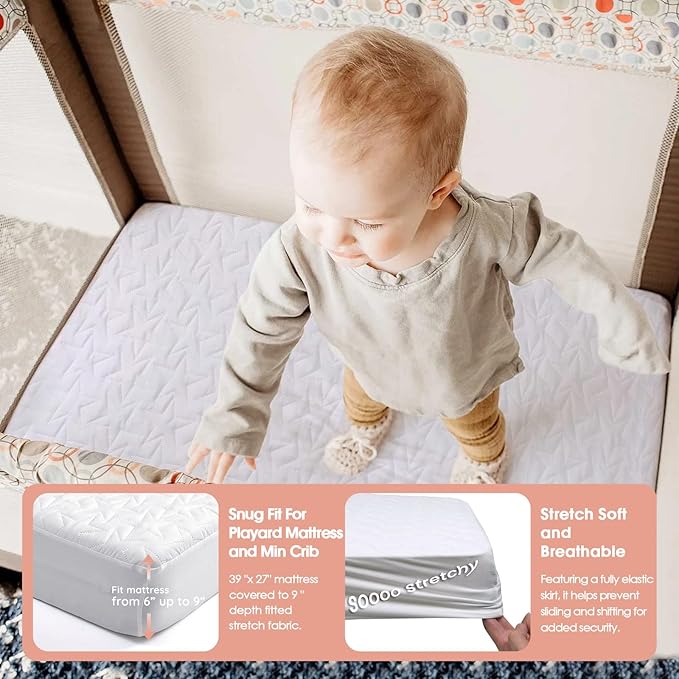 Waterproof Mini Crib Mattress Protector: 2-Pack Pack N Play Sheets - Fitted for Standard Baby Mattresses (38" x 26") - Soft and Breathable Covers for Graco Pack and Play, Playards, and Mini Cribs