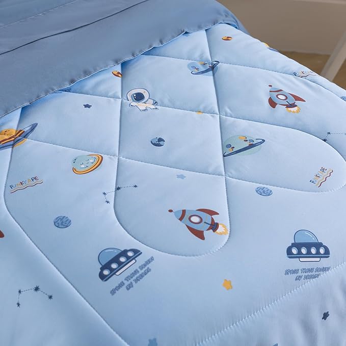 Caressma Toddler Bedding Set for Kids - Lovely Spaceship Print 4 Pieces Blue Comforter Sets, Bed in a Bag Include Comforter, Fitted Sheet, Flat Sheet & Pillowcase