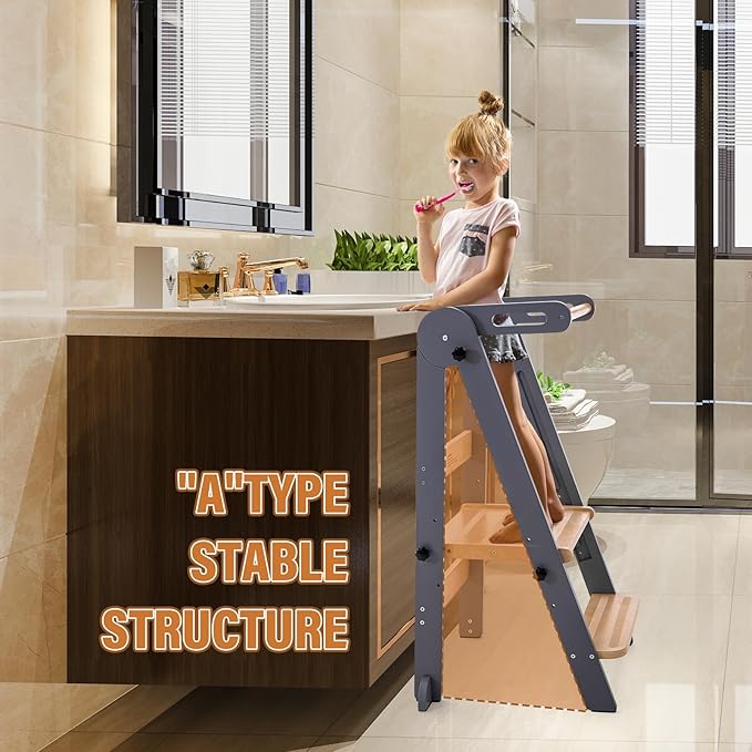 Gewitt Foldable Toddler Kitchen Stool Helper - Adjustable Height Folding Toddler Standing Tower, Kids Helper Stool with Safty Rail for Kitchen Counter Bathroom (Grey)