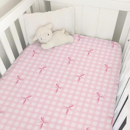 Watercolor Pink Bows Checkered Baby Crib Sheets for Girls Pastel Pink Bows Ribbon Plaid Soft Snug Fitted Crib Mattress Covers for 52''x28'' Standard Crib & Toddler Mattress Girly Valentine Bed Sheets