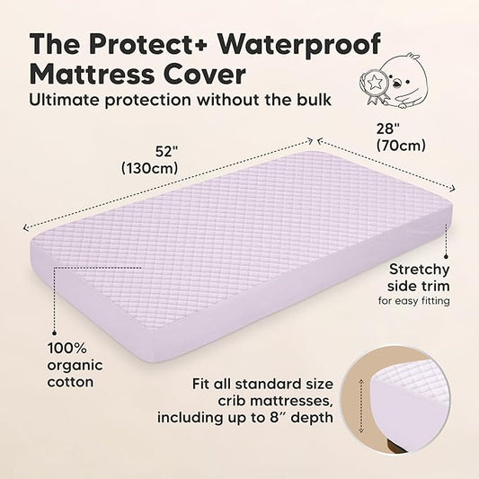 2-Pack Waterproof Crib Mattress Protector Cover Fitted - Quiet Baby Crib Mattress Pad Sheets, 52" x 28" Soft Quilted Cotton Baby Sheet, Machine Washable, Easy Fit, Durable (Lilac/Quin)