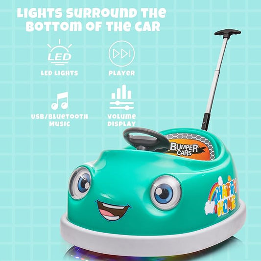 12V Dual Battery Electric Ride on Kids Bumper Car w/Remote Control,360 Degree Spin,Push Rod Rocker Horse Function,3-Speeds Babies & Toddlers Bumping Car Ride on Toy Gift for 1-4 Years Children（Green）
