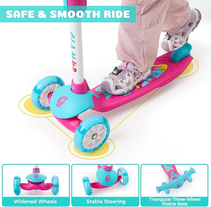 GLAMUP Kids Kick Scooter 3 Wheels, Kids Scooter Height Adjustable Handlebar, Lean-to-Steer System & Easy-Folding Mechanism, Ages 3-14 Boys and Girls