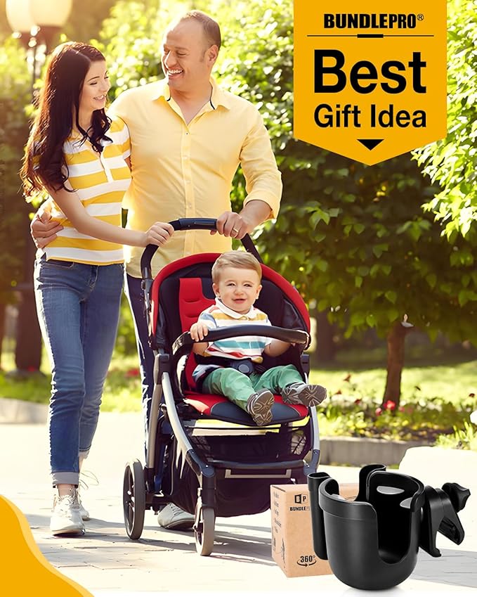 Universal Stroller Cup Holder with Mobile Phone Case, 2-in-1 Strollers Storage Rack, 360 Degrees Rotation Drink Holder for Bike, Pushchair, Wheelchair, Walker,Bicycle, Fits Most Cups