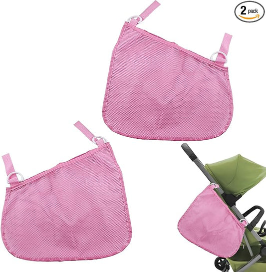 Anglepingping 2 Pack Universal Side Sling Stroller Cargo Net, Non-Slip and Adjustable Straps Storage Mesh Bag,Portable Mesh Storage Organizer (Pink)