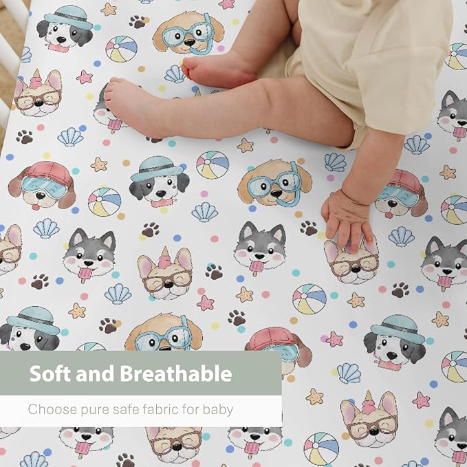 Summer Beach Fun Dogs Baby Crib Sheets for Boy Girl 28"x52" Cute Dog Vacation Soft Stretchy Fitted Crib Mattress Cover Dogs Lovers Gift Nursery Baby Sheet for Standard Crib & Toddler Mattress Pad