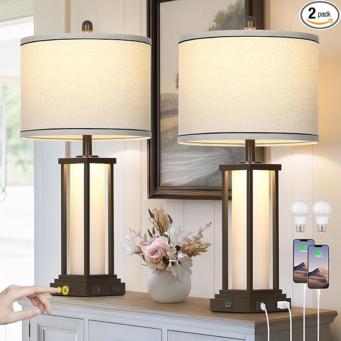 Cinkeda 27" Tall Vintage Table Lamps with USB C+A & Outlet,Brown End Table Lamp Set of 2 for Living Room,Rustic Bedside Lamps with Frosted Glass Night Light for Bedroom Nightstand,Oil-Rubbed Bronze