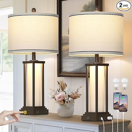 Cinkeda 27" Tall Vintage Table Lamps with USB C+A & Outlet,Brown End Table Lamp Set of 2 for Living Room,Rustic Bedside Lamps with Frosted Glass Night Light for Bedroom Nightstand,Oil-Rubbed Bronze