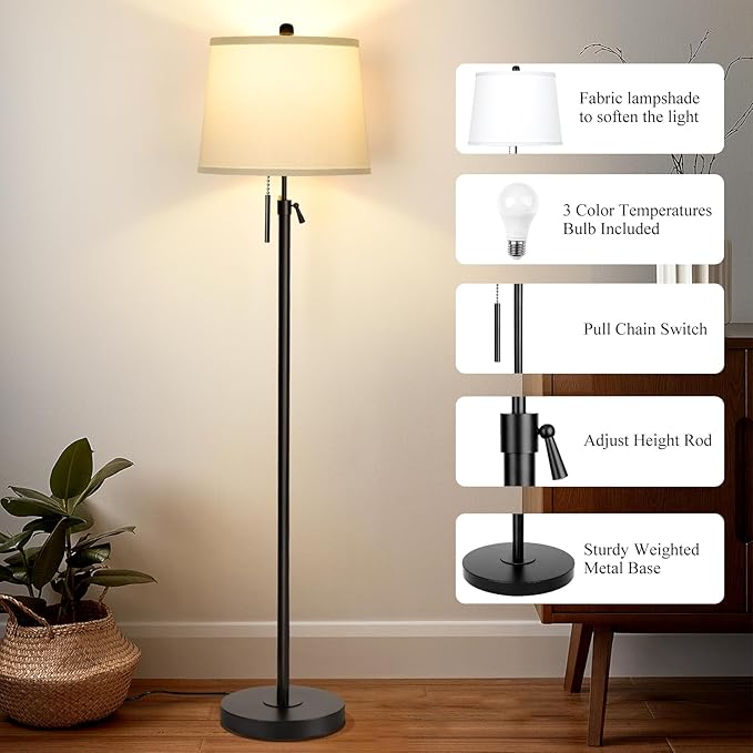 JUNNAI Black Floor Lamps for Living Room Adjustable Height Standing Lamp Modern Tall Pole Lamps for Bedroom Office with White Linen Shade 3 Color Temperature 9W LED Bulb Included
