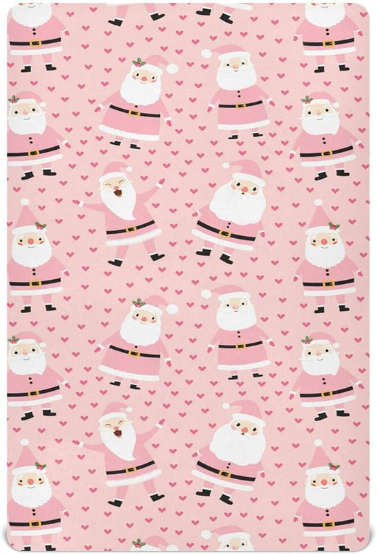 Christmas Pink Santa Crib Sheets Soft Breathable Fitted Baby Crib Sheets Mattress Cover for Girl Boys, 52" x 28" x 9"