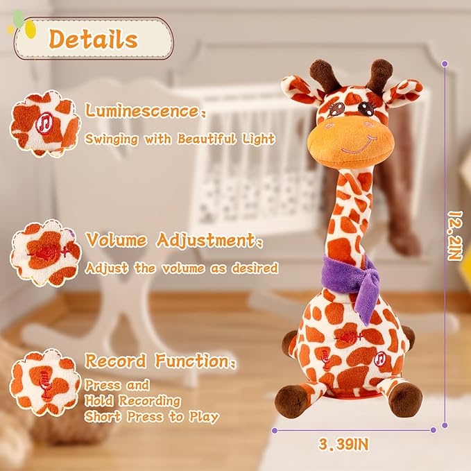 Dancing Talking Giraffe Toy, Stuffed Animal Baby Toy Repeating What You Say, Glowing Musical Electronic Giraffe Gifts for Toddlers 1-3 Years Old (New Giraffe)