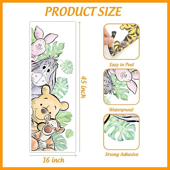Winnie Wall Stickers for Kids, Winnie Character Wall Stickers, The Pooh Party Decorations, Winnie Removable Stickers for Baby Kids Nursery Children Room Bedroom Living Room Playroom Wall Decoration