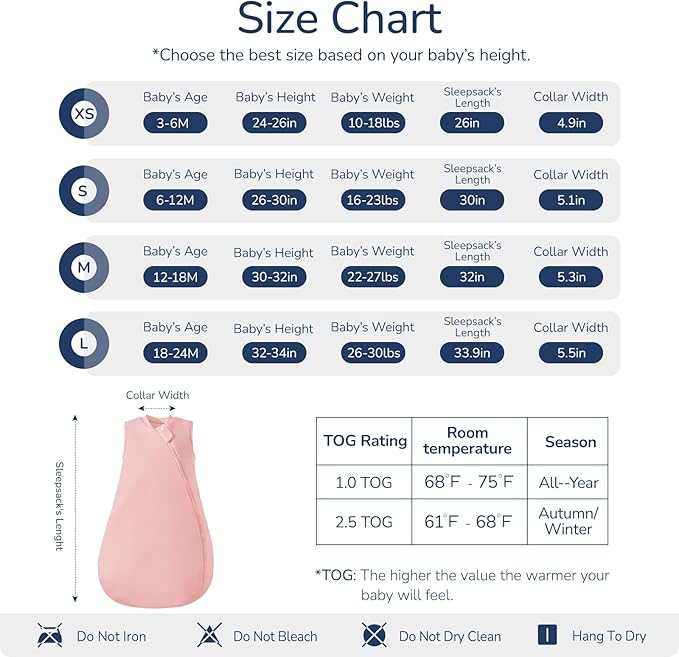 1.0 Tog 2.5 Tog Baby Sleep Sack, 100% Cotton Baby Sleeping Bag 3-24M, 2-Way Zipper Baby Wearable Blanket