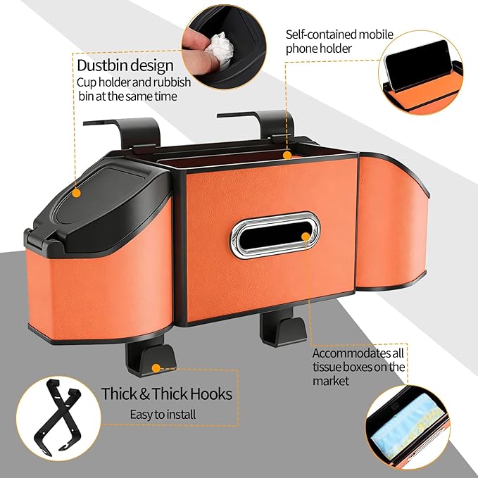 Oivjckx 7-In-1 Multifunctional Car Seat Back Organizer with Cup Holders, Tissue Box, Garbage Can & Hooks, Headrest Storage & Cup Holder for Backseat (Orange)