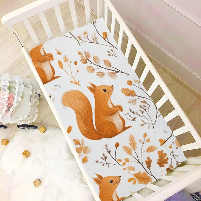 Orange Squirrels and Autumn Leaves Crib Sheets Standard Crib Toddler Mattresses Cover Fitted Baby Bed Sheet Breathable Crib Mattress Sheet for Girls Boys 52" x 28"x5''