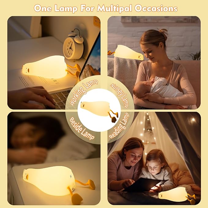 LiuXxdym Lying Flat Duck Night Light, Cute Silicone Light Up Duck, 3 Level Dimmable Nursery Nightlight, LED Duck Lamp, Rechargeable Bedside Touch Lamp for Breastfeeding Toddler Baby Kids Decor
